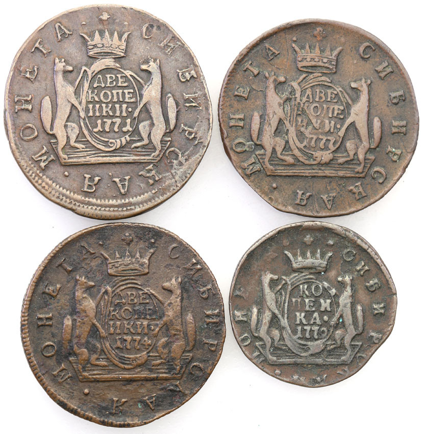Rosja. Katarzyna II. Syberia. 1-2 kopiejki 1771-1779 KM, zestaw 4 monet